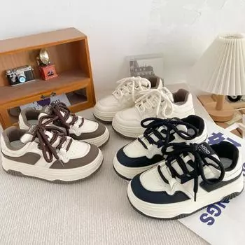 K820 thick-soled round-headed bread shoes women s Hong Kong style retro chic2024 new popular little white shoes Japanese board shoes 35 бежевый