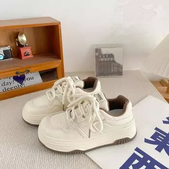 K820 thick-soled round-headed bread shoes women s Hong Kong style retro chic2024 new popular little white shoes Japanese board shoes 35 бежевый