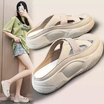 K8629 Тапочки Женские летние модные полые полутапочки Женские дышащие сандалии на платформе с лифтом Дикие сандалии Простые сандалии белые 35