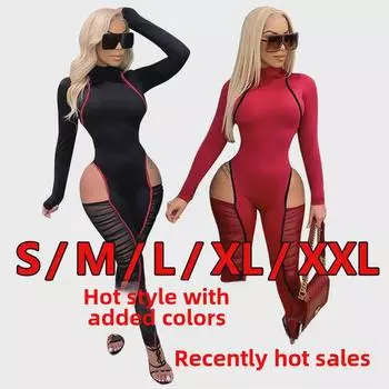 K9790 Сексуальный комбинезон контрастного цвета с сеткой для европейской и американской моды Medium чёрный