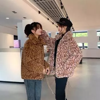 K меховая куртка из искусственного плюша на осень и зиму с леопардовым принтом в стиле ретро, свободная женская одежда S