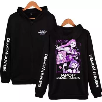 K-pop Охотники на демонов Мультяшный принт Женские Мужские Куртки Толстовки с капюшоном Повседневные на молнии Мужской спортивный костюм Модная куртка Мужская одежда Верхняя одежда XS чёрный