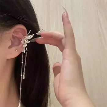 K-pop Серебро с серьгами Крылья феи ангела Бабочка Длинная кисточка Клипсы-серьги Для женщин Подростков Крутой кафф для ушей Вечеринка Ювелирные изделия