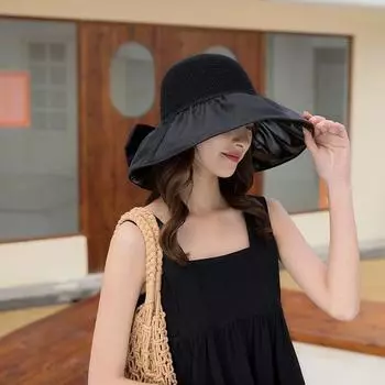K-style Bows Sun Hat Women s Spring/Summer Sun-Proof Basin Hat Vinyl Big Brim Sun-Proof Outdoor Travel Fisherman Hat Carbon ink black (Bows = storage bag)
