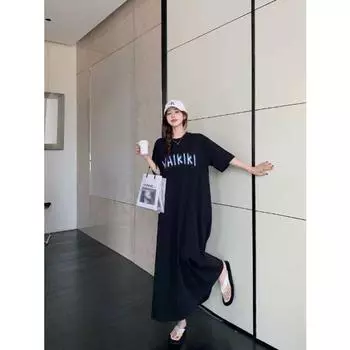 K-style Loose Cool plus Size Hong Kong Style Fashion Stylish Sense Short Sleeve Mid Length Long Length Split T-shirt Skirt Can Be Outwear Black L