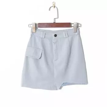 K-style Minimalist Pure Color Irregular Denim Skirt Light blue L