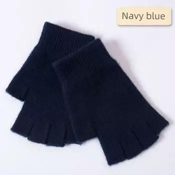 K-style New Cashmere Half Finger Five Finger Gloves Female Fall and Winter Woolen Yarn Finger Open Finger Male Student Knitting Warm and Cute Navy blue [P-finger half-finger gloves]] All yards