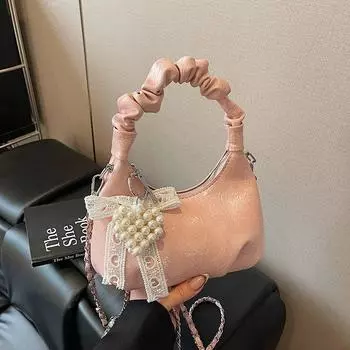 K-style Niche Style Ruched Handbags Female 2025 New Arrival Summer Dopamine Shoulder Bag Fashion Chain Crossbody Bag Pink with pendant
