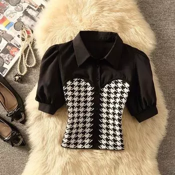 K-style Retro Houndstooth Women s Clothing 2025 Summer New Arrival Minimalist Lapel Single Breasted Fake Two Pieces Short Sleeve Shirt Women Black S(40.00 kg-45.00 kg wear])