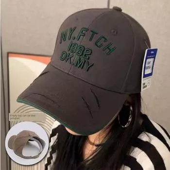 K-style Ripped Letter Print Embroider Baseball Peaked Cap Female 2025 New Arrival Face-Looking Small Male plus Size Widened Casual Fashion Gray