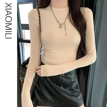 K-style round Neck Shoulder Bottoming Shirt for Women Fall Slim Fit Slim Looking Inner Wear Long Sleeve T-shirt Sexy Sexy Short Tops Apricot L