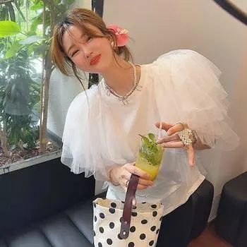 K-style Temperament Mesh Flying Edge Short Sleeve T-Shirt Women s Clothing 2025 Summer New Arrival Fashion Stylish Slim Looking Tops White S