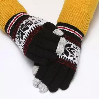 K-style Turn-over Cashmere-like Women s Heattech Touch Screen Gloves Autumn and Winter Knitting Wool Thickened Student Gloves Men Snowflake Black One size