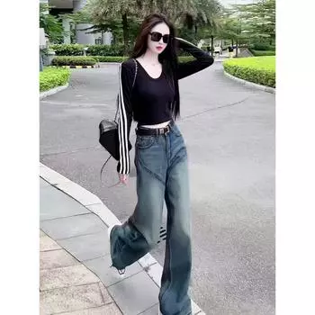 K-style U-Neck Silm Elastic Short Upper Clothes Long Sleeves T-shirt Blue Denim pants L Recommended 55.00 kg-60.00 kg