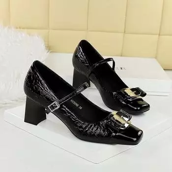 K women s shoes versatile medium heel thick heel light mouth color matching metal buckle bow word belt single shoes 34