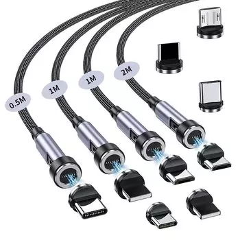 Кабель 7-контактный 3A для быстрой зарядки, передачи данных для телефона, кабель 3 в 1, клеммы для шнура зарядки, 4 шт., вращающийся на 540 градусов магнит, кабель для подсветки планшета серебряный