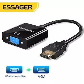Кабель-адаптер Essager, совместимый с HDMI на VGA, 1080P, разъем 3,5 мм, преобразователь видео, Aux, аудио, HDMI-совместимый VGA-разветвитель для ноутбука чёрный