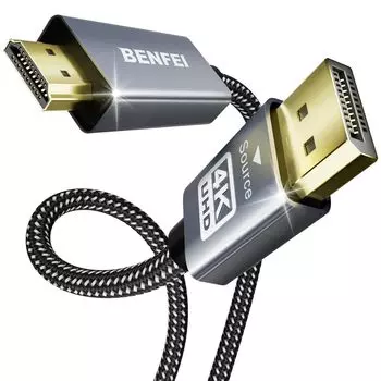 Кабель BENFEI 4K DisplayPort - HDMI, нейлоновый однонаправленный кабель DP для подключения компьютера к экрану HDMI, совместимый с обратным 1,8 м [алюминиевый корпус, плетеный],