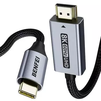 Кабель BENFEI USB C - HDMI 2.1 (8K@60Гц 4K@240Гц, алюминиевый корпус 1,8М (нейлоновый трикотаж) iPhone 15/16 Pro/Max, MacBook Pro/Air 2023, iPad Pro, Surface Book 2