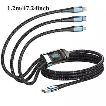 Кабель для быстрой зарядки 100 Вт, универсальный зарядный кабель, нейлоновая оплетка, несколько USB-адаптеров, универсальный зарядный шнур 3 в 1, адаптер Type-C Micro 1.2m чёрный