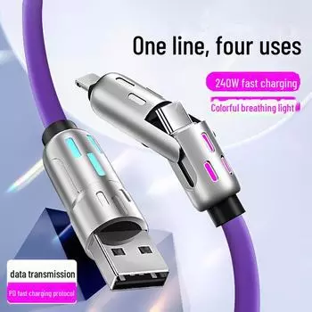 Кабель для быстрой зарядки 4-в-1 с разноцветной светодиодной подсветкой мощностью 240 Вт для устройств Apple, Android и Type-C Blue 1m