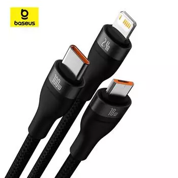 Кабель для быстрой зарядки данных Baseus Flash Series «один к трем», USB — M+L+C, 100 Вт