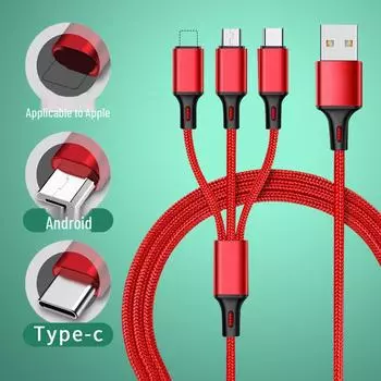 Кабель для быстрой зарядки и передачи данных 3-в-1 с нейлоновой оплеткой - 2,1 А mini one-to-three 1.2m красный