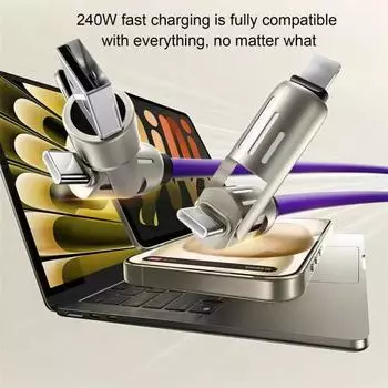 Кабель для быстрой зарядки и передачи данных 240 Вт, утолщенный силиконовый кабель для зарядки, многопротокольный кабель для передачи данных 1M серый