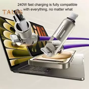 Кабель для быстрой зарядки и передачи данных 240 Вт, утолщенный силиконовый кабель для зарядки, многопротокольный кабель для передачи данных для планшетов iPhone 1M чёрный