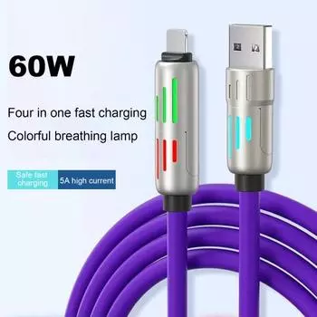 Кабель для быстрой зарядки и передачи данных 240 Вт, утолщенный силиконовый кабель для зарядки, многопротокольный кабель для передачи данных для планшетов iPhone 1M фиолетовый