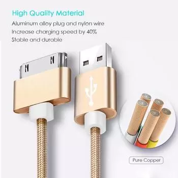 Кабель для быстрой зарядки iPhone 4 4s iPad 2 3 iPod 30-контактный нейлоновый плетеный провод металлический штекер передача данных синхронизация USB-адаптер для зарядки 0.25m чёрный