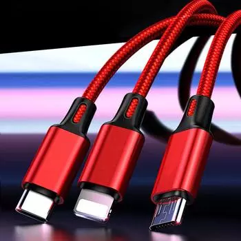 Кабель для быстрой зарядки мобильных телефонов «три в одном» с тремя разъемами и тремя проводами. 1.2m one to three (fast charging) красный