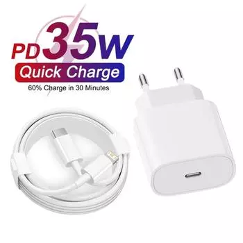 Кабель для быстрой зарядки PD 35 Вт для iPhone 13 mini 14 Plus 11 12 Pro Max XS XR X 8 EU Plug USB C кабель для быстрой зарядки PD 1 м 1,5 м 2 м 3 м EU Plug - 1m Cable