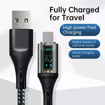 Кабель для быстрой зарядки с цифровым дисплеем мощностью 12 Вт подходит для кабелей зарядки мобильных телефонов, оплетка из цинкового сплава для быстрой зарядки. 1m чёрный