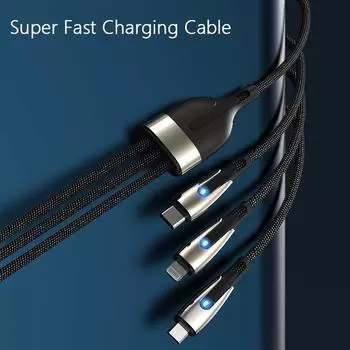 Кабель для быстрой зарядки «три в одном» мощностью 100 Вт, подходящий для телефонов iPhone, сверхбыстрая зарядка Huawei 5A, кабель Xiaomi Type-C Oppo 1.2m чёрный