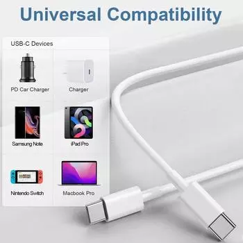Кабель для быстрой зарядки USB C-C длиной 1 м/3 фута, 2 м/6 футов и 3 м/10 футов для смартфонов Android, iPhone 15, 16 и планшетных ПК 0.25m белый