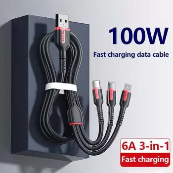 Кабель для передачи данных 3-в-1, сверхбыстрая зарядка 100 Вт, кабель для зарядки мобильного телефона, 6 А, подходит для кабеля передачи данных Apple Type-C Android 1m