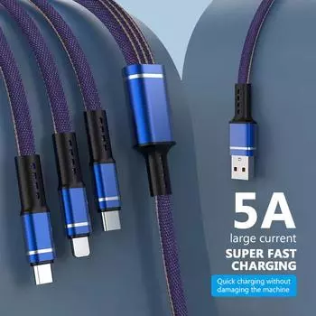 Кабель для передачи данных 3 в 1, плоский плетеный кабель мощностью 66 Вт, подходит для кабеля для передачи данных с ОС Android Type-c, Apple 5A, сверхбыстрая зарядка 1.2m чёрный