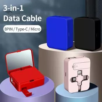 Кабель для передачи данных 3-в-1 Телескопический безопасный кронштейн для телефона с зеркалом для макияжа 8-контактный разъем Type-C Micro USB One Drag Three Шнур для быстрой зарядки мобильного телефона красный