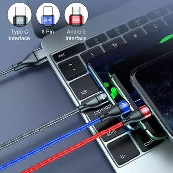 Кабель для передачи данных, 5 А, быстрая суперплетеная зарядка, 3-в-1, прочный защитный смарт-чип, USB Type-C/8-контактный/микро-кабель для зарядки 1.2M чёрный