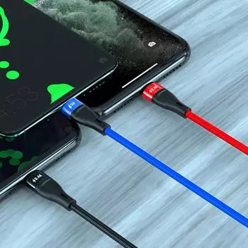 Кабель для передачи данных, 5 А, для зарядки, сверхбыстрый, прочный, 3-в-1, плетеный смарт-чип, защита типа C/8-контактный/Micro USB 1.2M чёрный