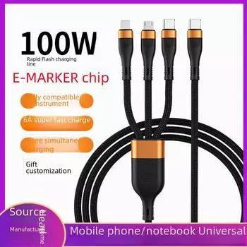 Кабель для передачи данных 6A 3-в-1, сверхбыстрая зарядка 100 Вт для Apple, Android, Type-C и ноутбуков с функцией быстрой зарядки PD USB, 100w, 1.2m оранжевый/красный