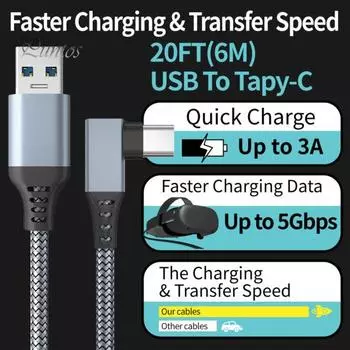 Кабель для передачи данных, быстрая передача, многофункциональная линия для быстрой зарядки, USB Type-C, линия передачи данных для Oculus Quest 1/2 6M USB3.0 A серый