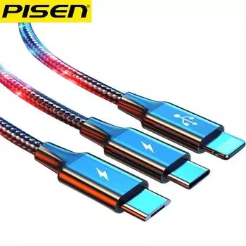 Кабель для передачи данных Pisen Зарядный кабель для быстрой зарядки «три в одном», удлиненный многофункциональный автомобильный автомобиль One Drag Three, подходит для Android Xiaomi Apple Huawei 0.6m чёрный