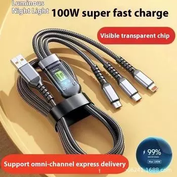 Кабель для передачи данных с цифровым дисплеем от одного до трех, кабель для сверхбыстрой зарядки мобильного телефона мощностью 100 Вт. серый