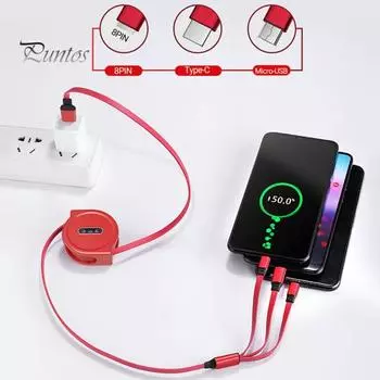 Кабель для передачи данных, выдвижной, для быстрой зарядки, многофункциональный, 3-в-1, 8-контактный/Micro USB/Type-C, шнур для зарядки мобильного телефона, для дома чёрный