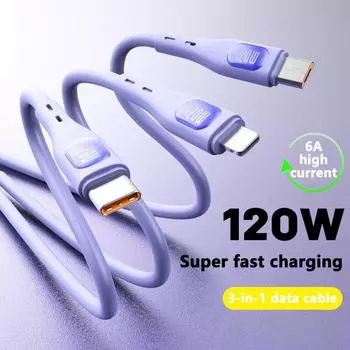 Кабель для сверхбыстрой зарядки 3-в-1, 120 Вт, подходит для зарядного кабеля Apple Type-C Android 6A 1.2m фиолетовый