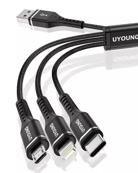 Кабель для зарядки 3 в 1 USB-кабель Кабель для зарядки 3 в 1 USB iPhone Android Type C-кабель совместим с различными типами 1,2 м (Lightning/USB-C/Микро Терминал) чёрный