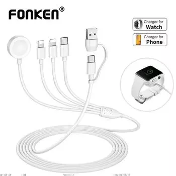 Кабель для зарядки часов и телефона Fonken 6 в 1 для iPhone/iWatch/Airpods Магнитное зарядное устройство USB и USB C с 8-контактным разъемом/Type-C/Micro USB A/C to C/iOS/iOS/Watch белый