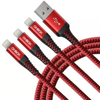 Кабель для зарядки iPhone 3M, набор из 3 шт., длинный, прочный, нейлоновый, Lightning, USB, кабель для быстрой зарядки и передачи данных Apple iPhone 14, 13, 12 красный